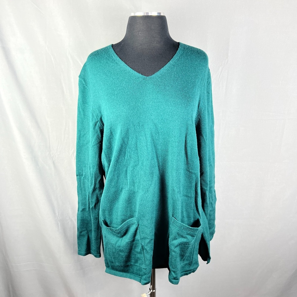 Dialogue Sweater Womens L Green Merino Wool Dual Patch Pocket Side Slit V Neck